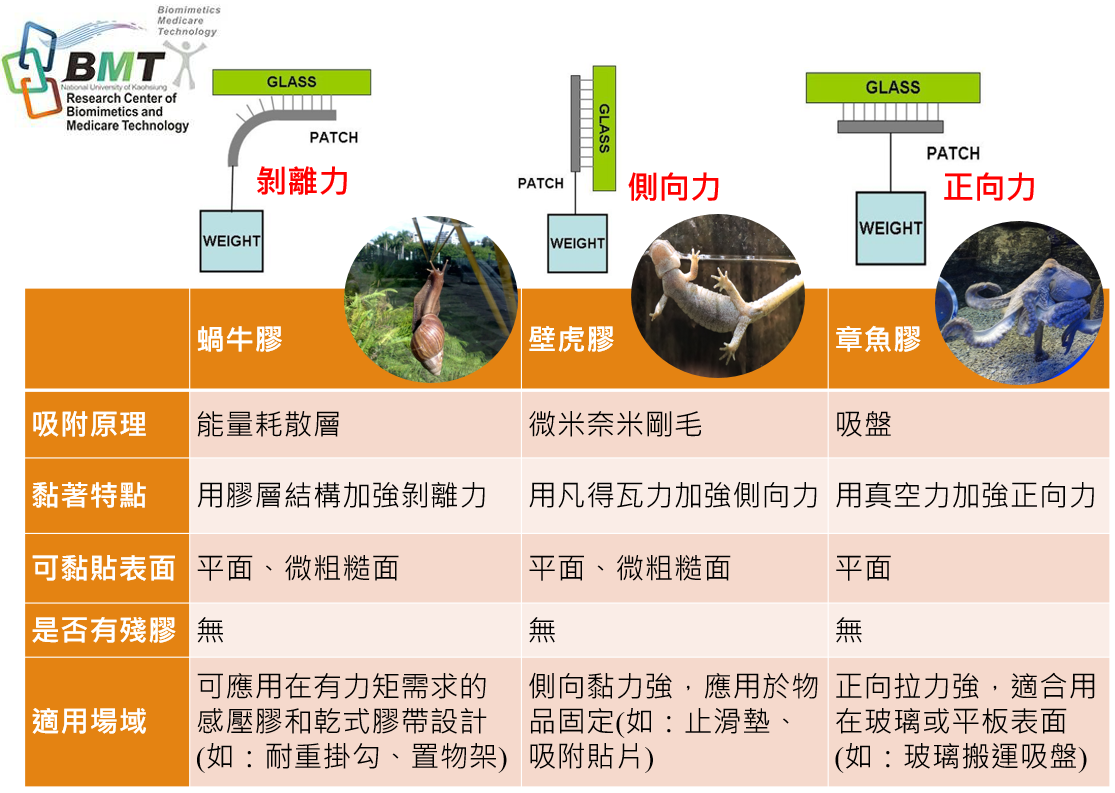 鍾宜璋團隊「仿生無殘膠乾式膠帶」比較表