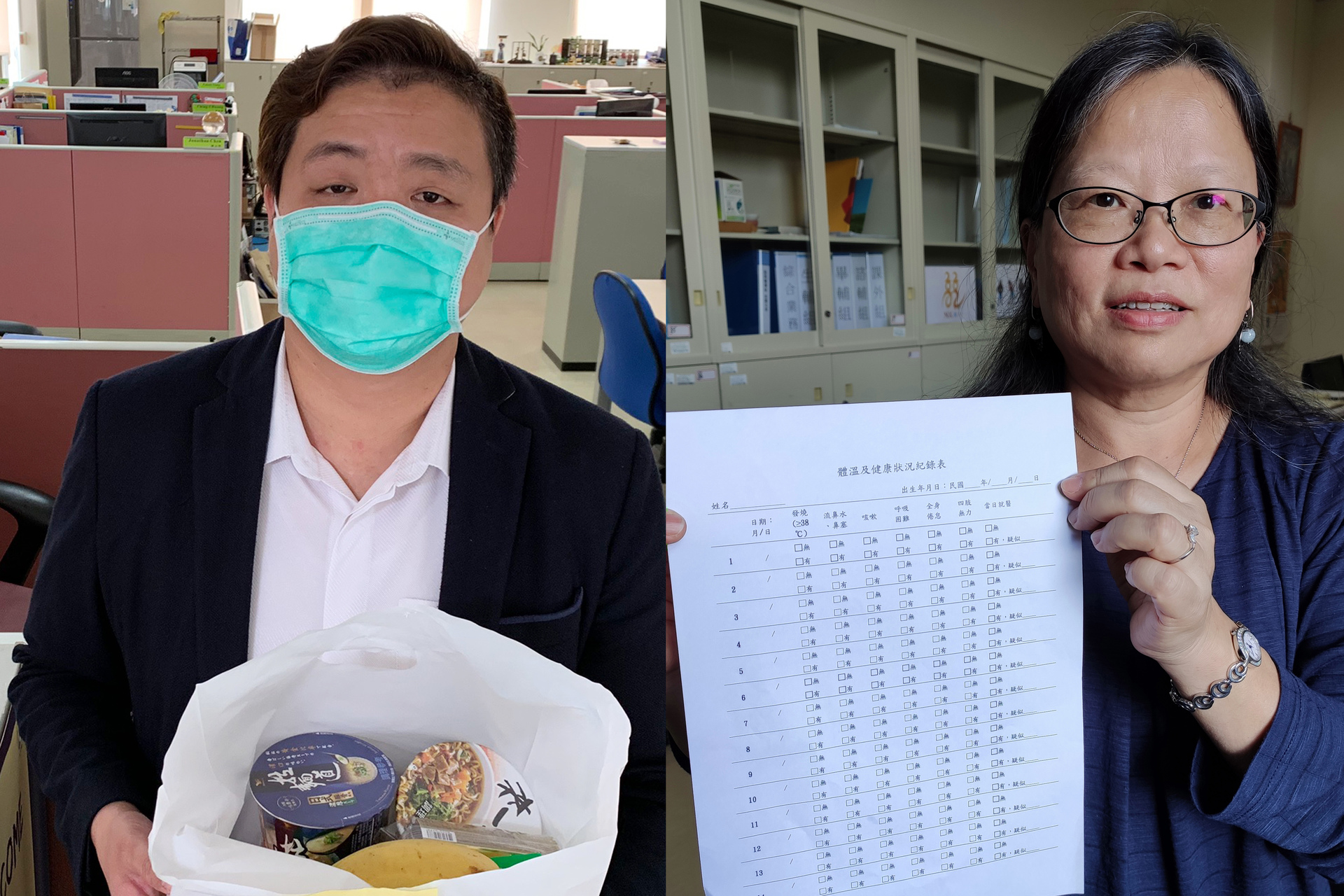 學務長鄭秀英(右)、國際長丁一賢為居家檢疫港澳生加油打氣