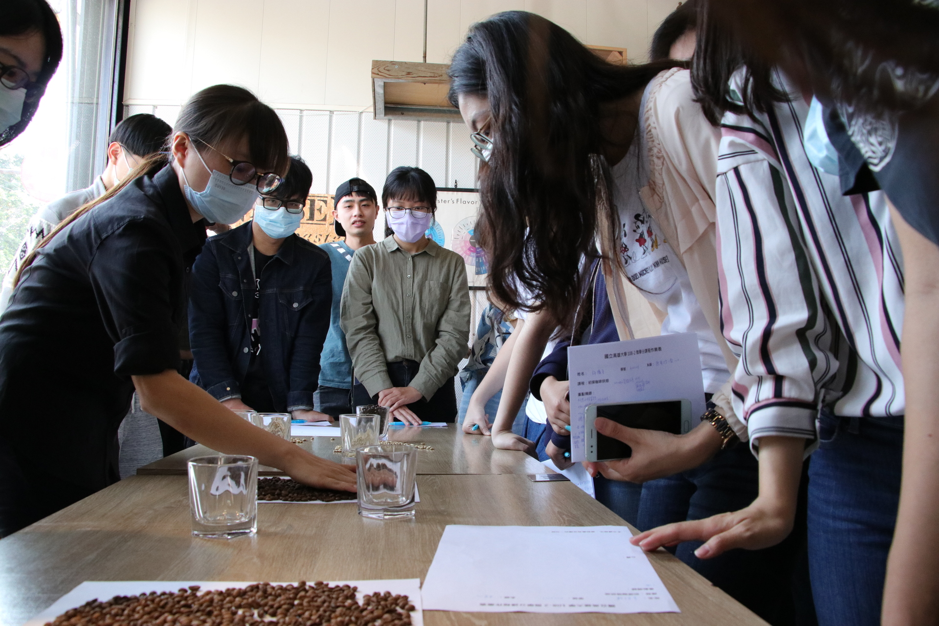 學生練習挑出瑕疵咖啡豆