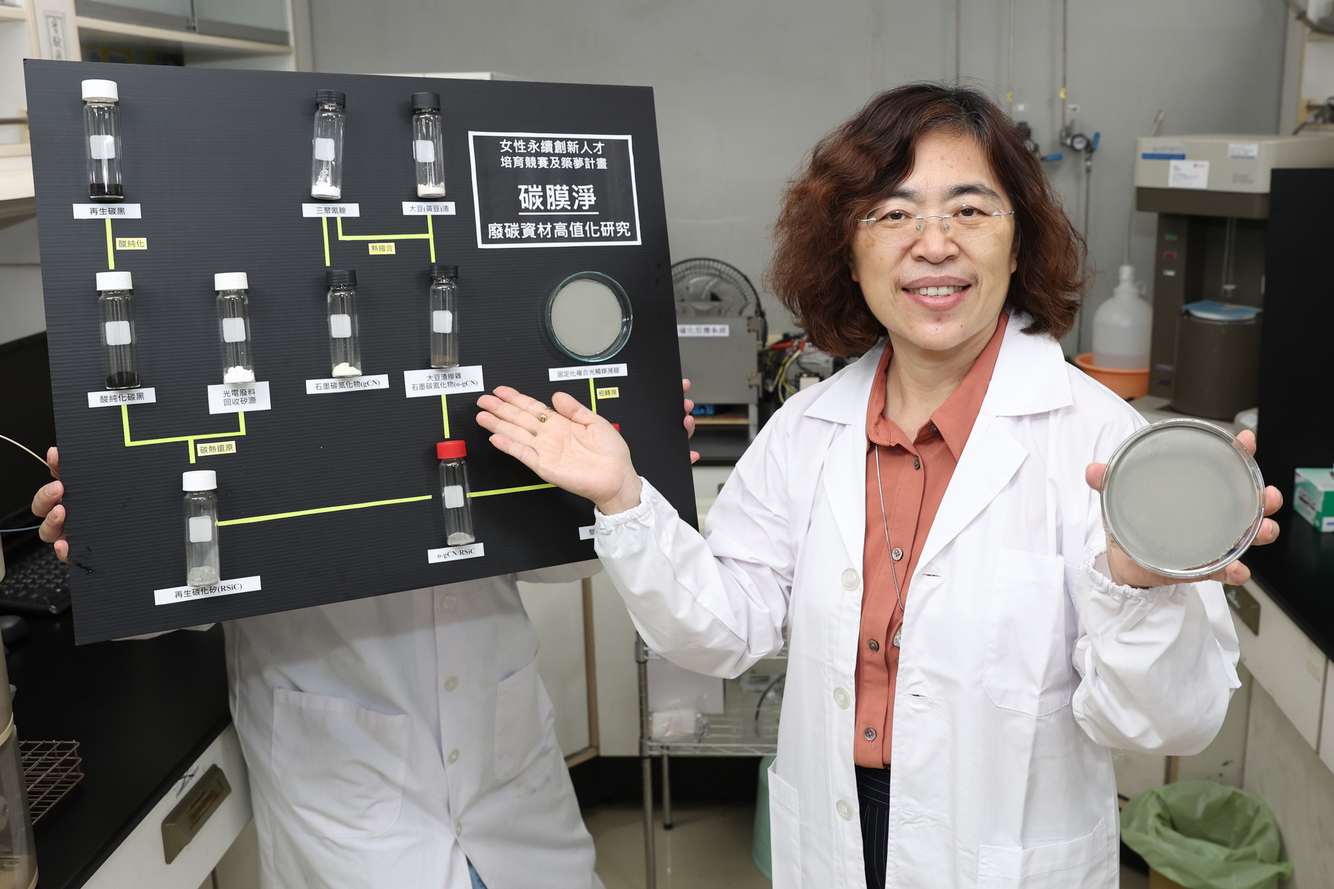 高雄大學土木與環境工程學系（土環系）特聘教授袁菁開發綠色光觸媒「碳膜淨」。