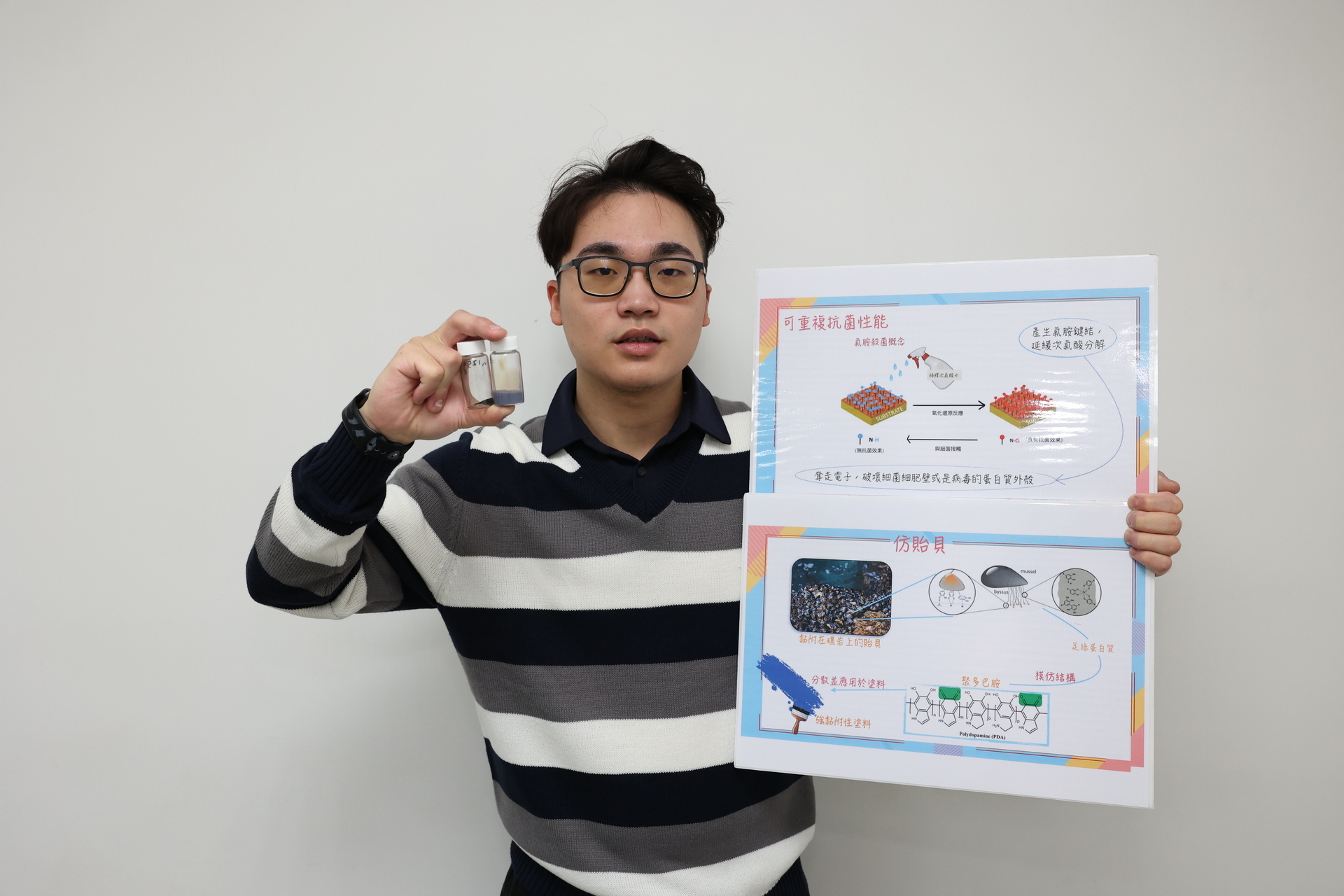 NUK's Department of Chemical and Materials Engineering, under the guidance of Distinguished Professor Yi-Chang Chung, guided three undergraduate students, Duan Huawen, Chung Bingxun, and Chen Xianglin, in developing "Mussel-inspired renewable antibacterial coating." 005