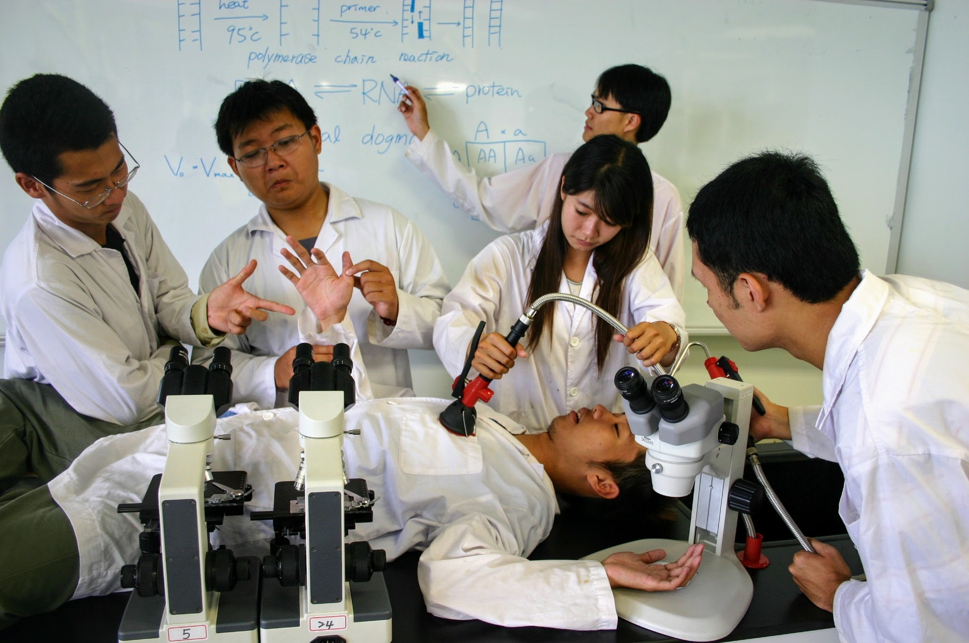 大學時期的陳玄(左2),熱衷參與系上活動,凝聚共識開辦首(多)屆生科營隊吸引大批國高中生參與。【高大資料照片,攝於2005年05月27日】圖片